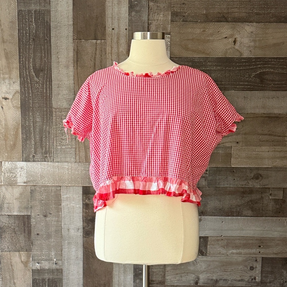 Handmade red gingham plaid ruffle trim top large festival boho garden party - Picture 10 of 10